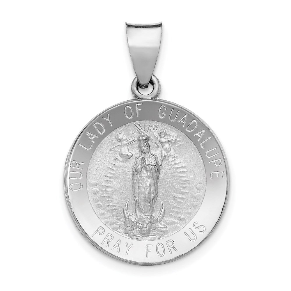 14K White Gold Polished and Satin Hollow Our Lady of Guadalupe Medal Round Pendant, 27 x 18 mm