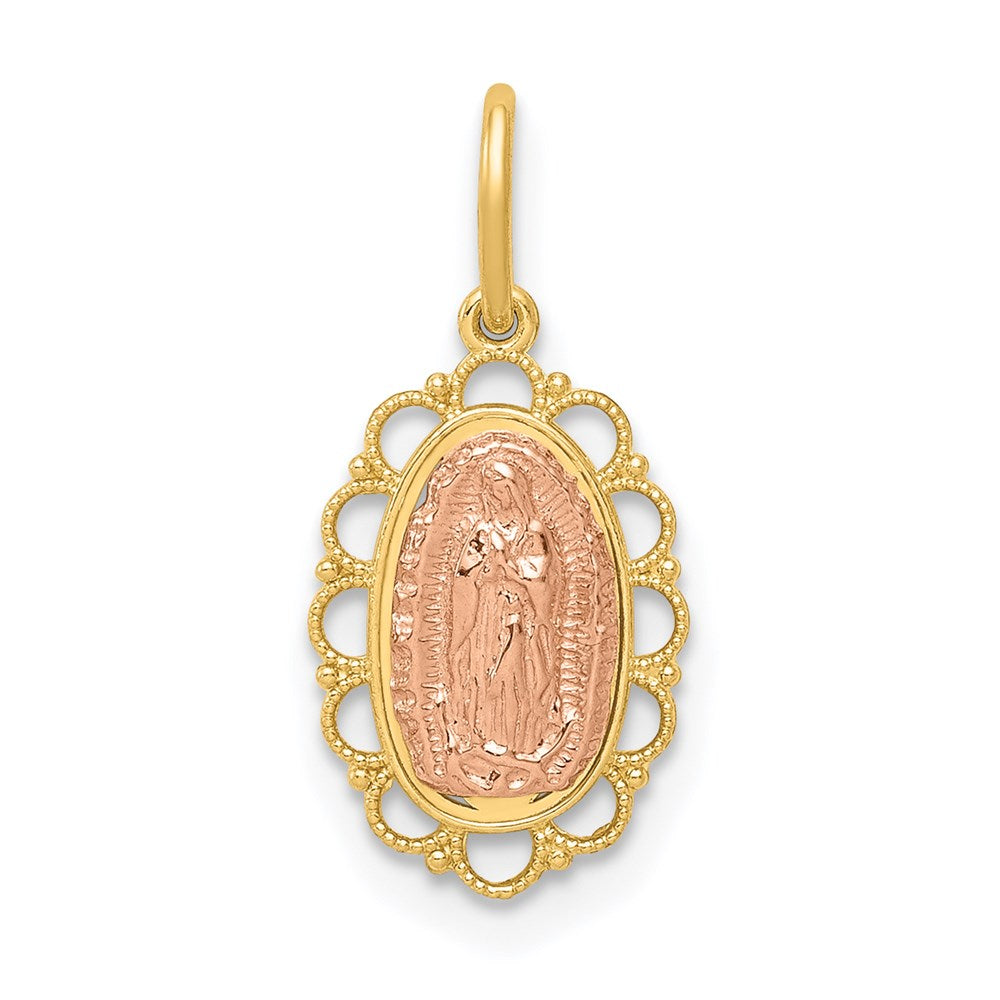 14k Two-tone Small Our Lady of Guadalupe Scalloped Edge Oval Pendant, 18.5 x 8.8 mm