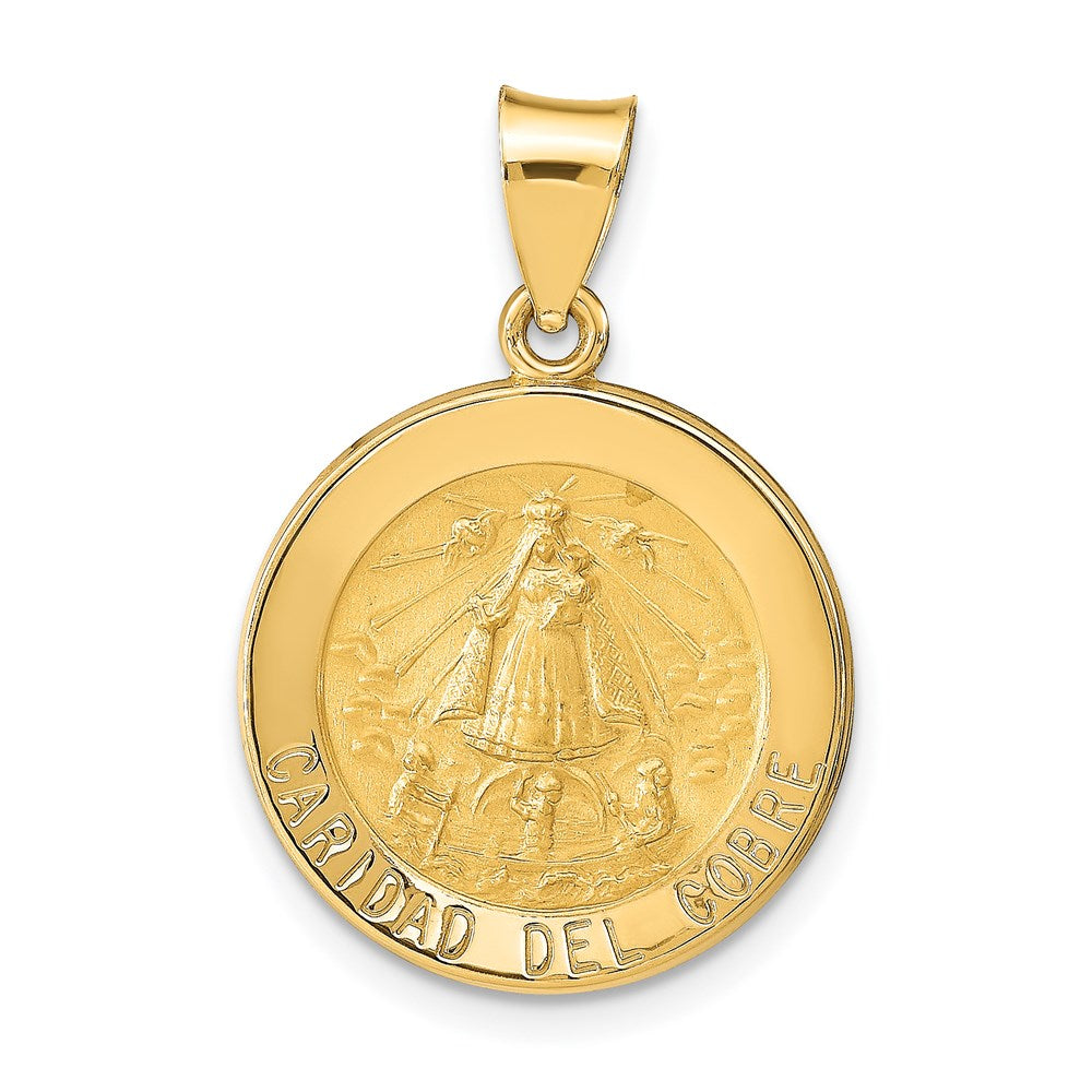 14k Polished and Satin Hollow Caridad Del Cobre Medal Round Pendant, 27 x 18.3 mm