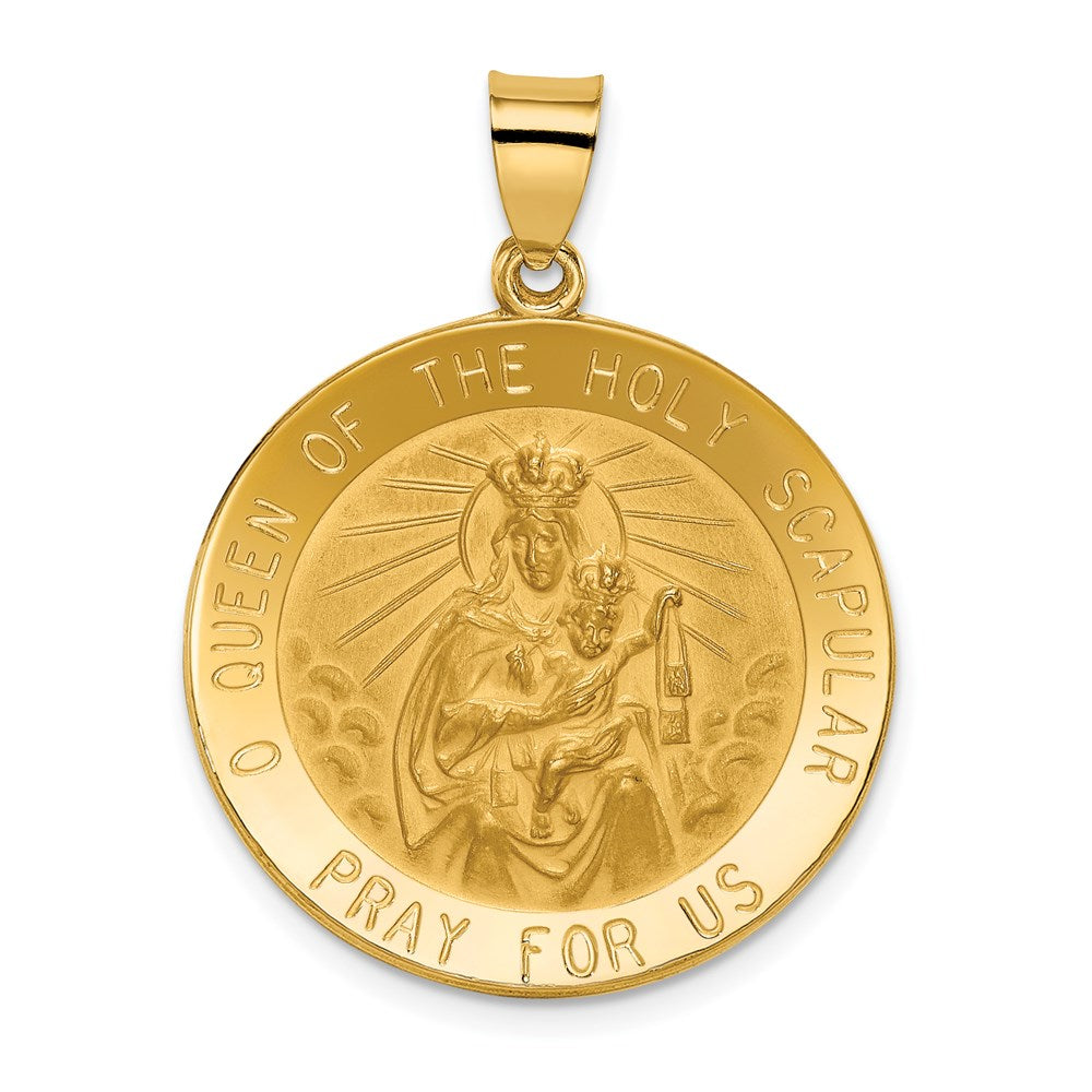 14K Polished and Satin Hollow Large Queen Of The Holy Scapular Medal Reversible Round Pendant, 32.6 x 25 mm