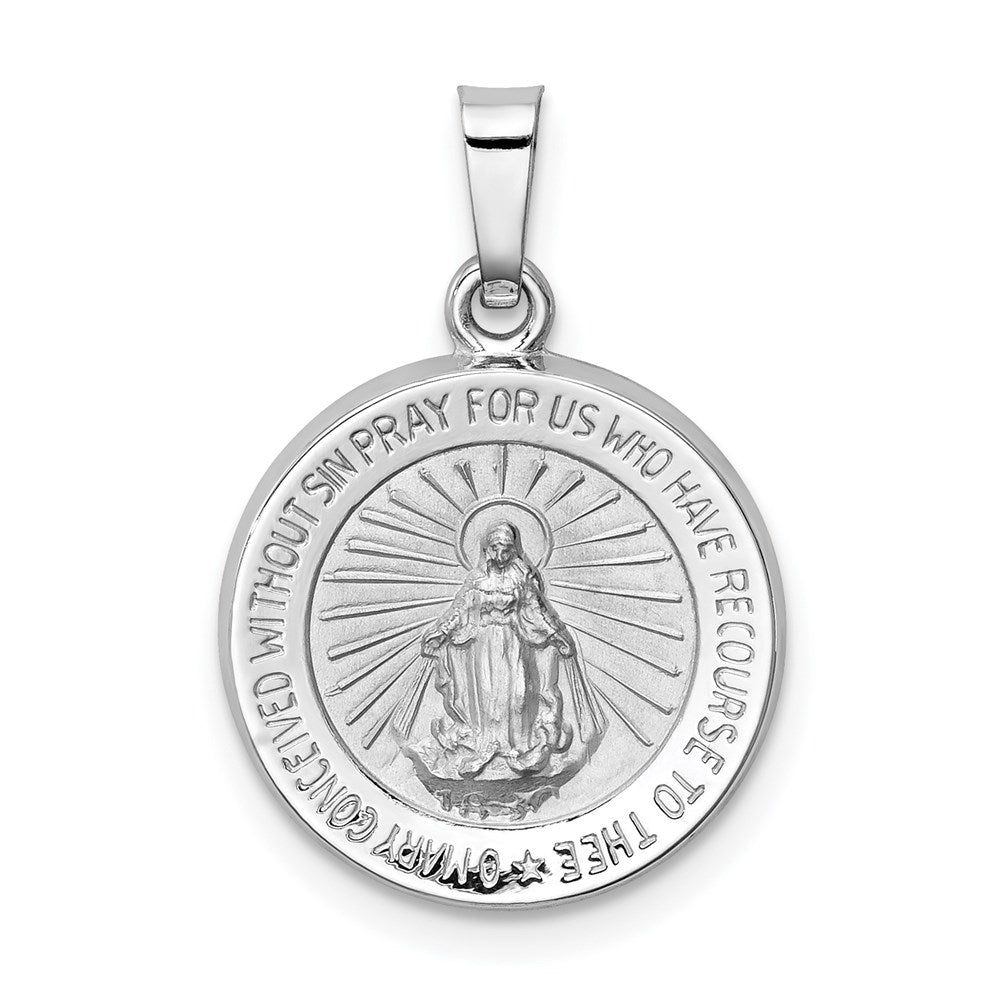 14k White Gold Polished and Satin Hollow Miraculous Medal Round Pendant, 22.2 x 15 mm