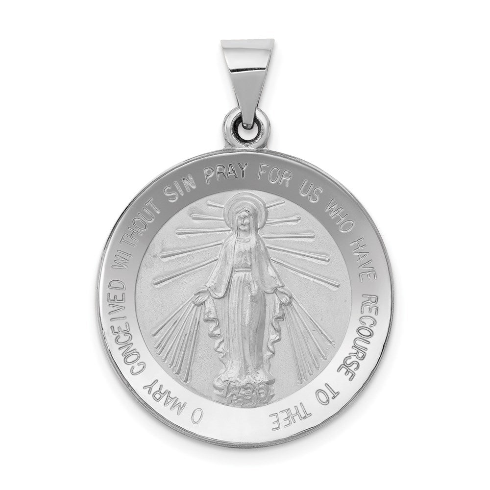 14k White Gold Polished and Satin Hollow Miraculous Medal Round Pendant, 30 x 22 mm
