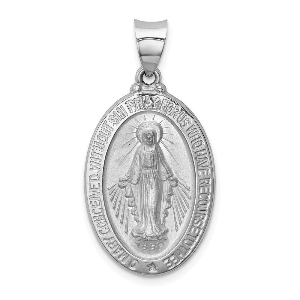 14k White Gold Polished and Satin Hollow Miraculous Medal Oval Pendant, 30.5 x 15.75 mm