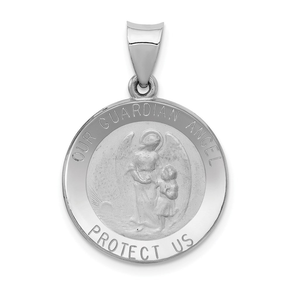 14K White Gold Polished and Satin Hollow Our Guardian Angel Medal Charm, 27 x 18.5 mm