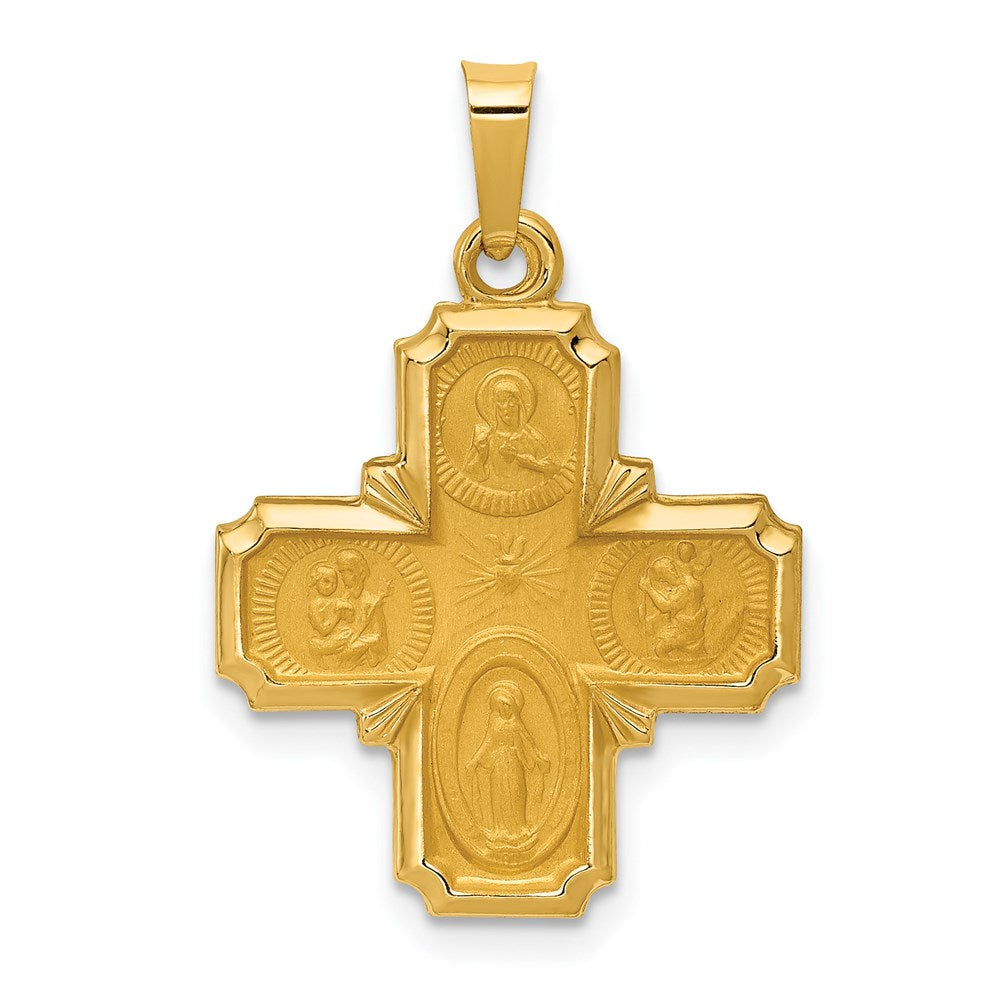 14k Polished and Satin Hollow Four-Way Medal Pendant, 26.5 x 18 mm