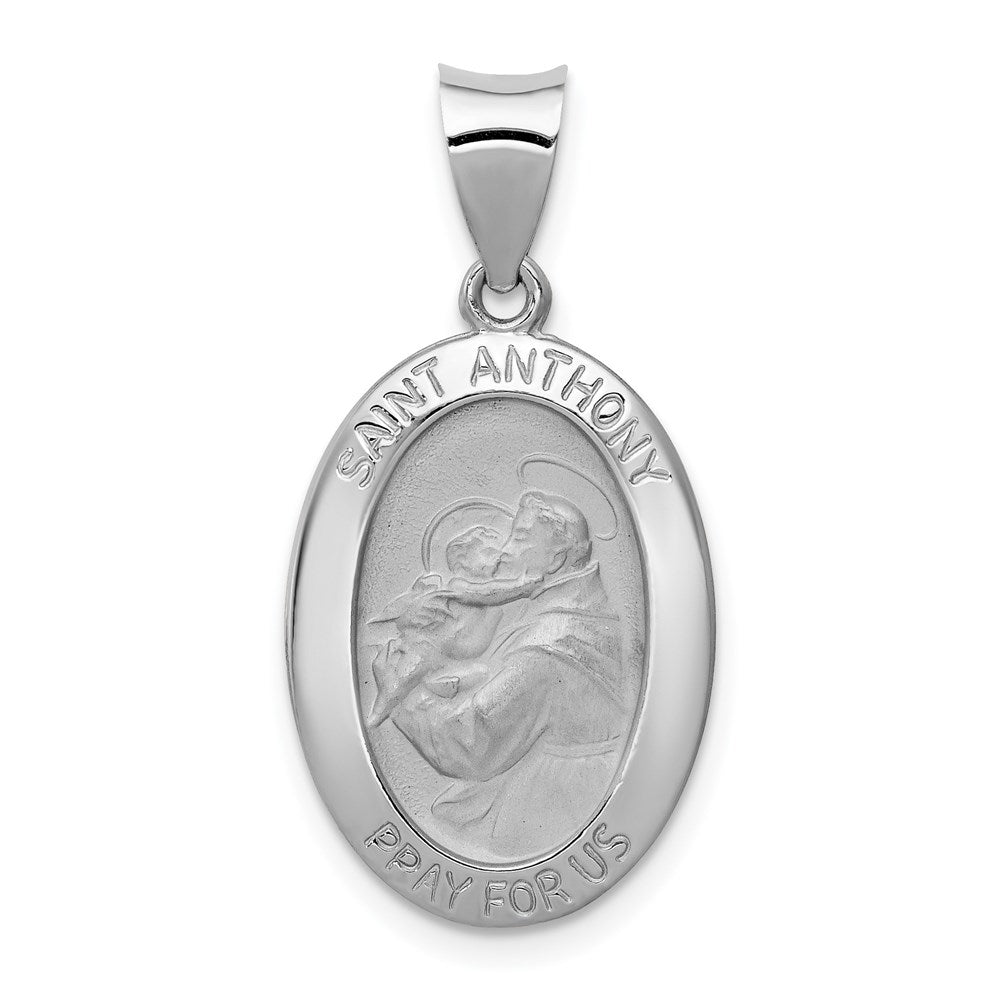 14k White Gold Polished and Satin Hollow St. Anthony Medal Oval Pendant, 29 x 14.35 mm