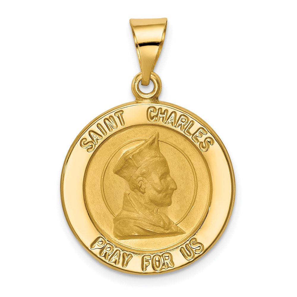 14k Polished and Satin Hollow St. Charles Medal Pendant, 29 x 19.5 mm