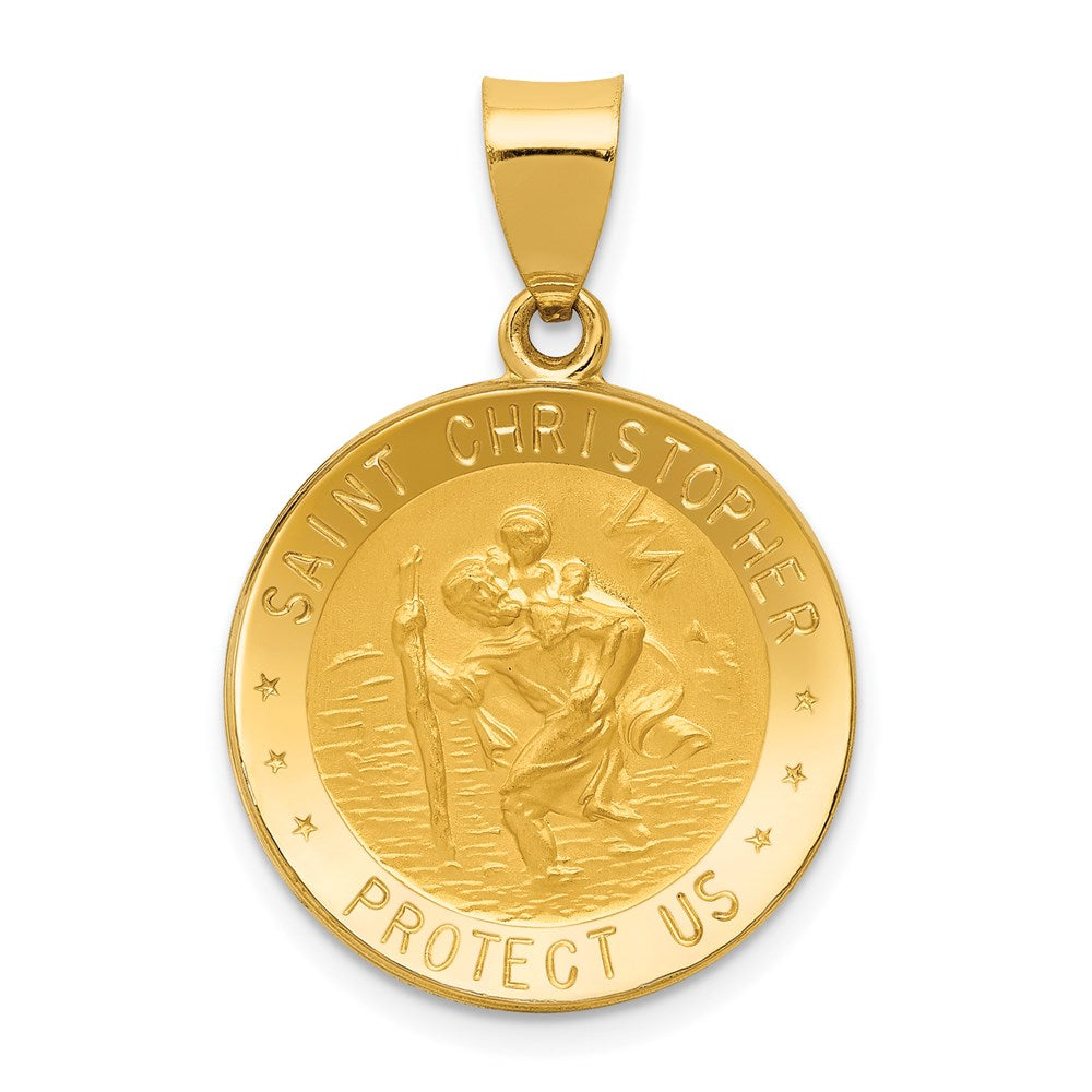 14k Polished and Satin Hollow St. Christopher Medal Round Pendant, 29 x 19.75 mm