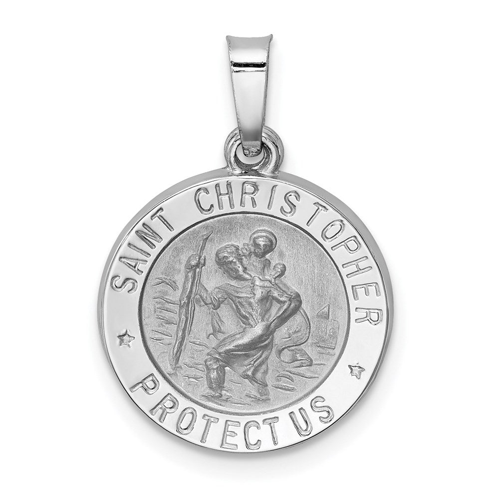 14k White Gold Polished and Satin Hollow St Christopher Medal Pendant, 21.2 x 15 mm