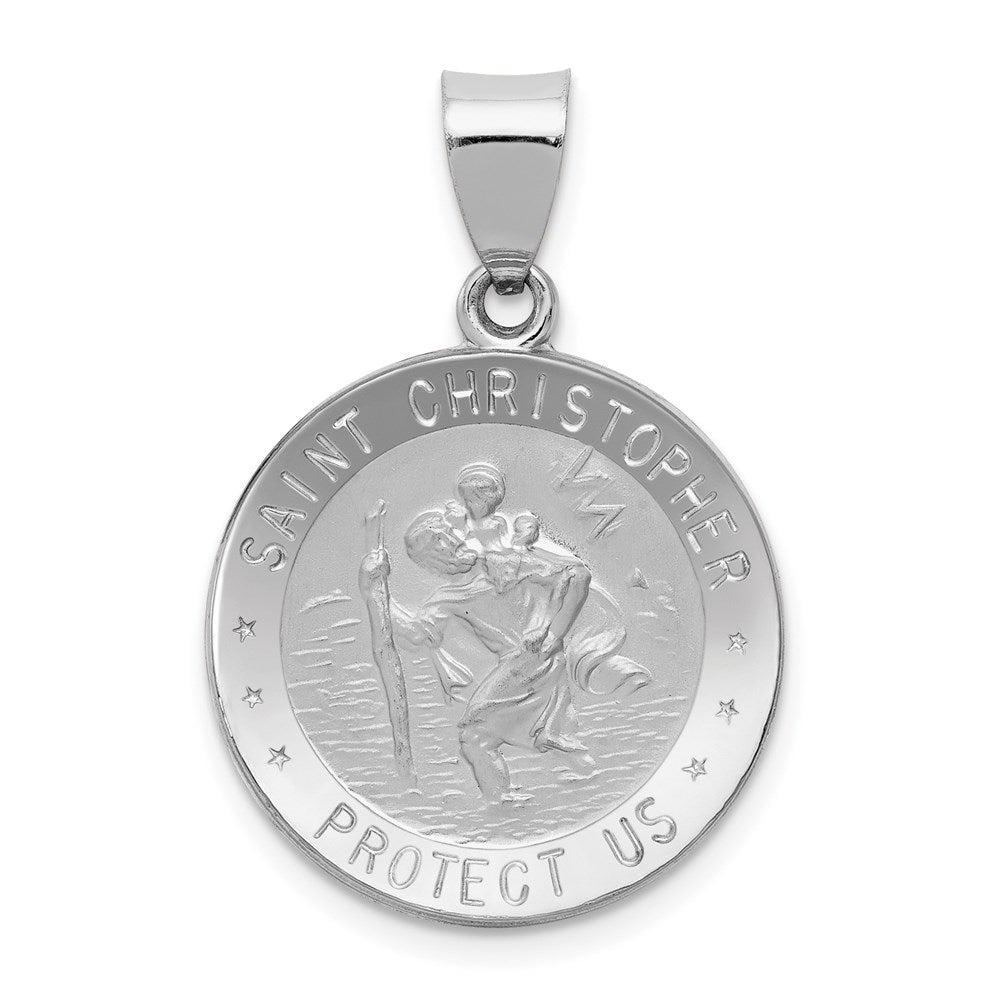 14k White Gold Polished and Satin Hollow St Christopher Medal Round Pendant, 29 x 19.75 mm