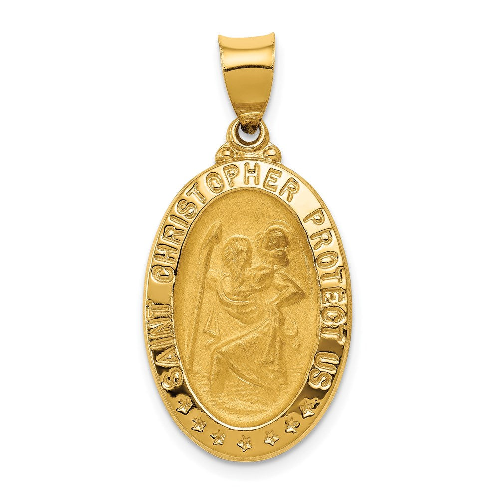 14k Polished and Satin Hollow St. Christopher Medal Oval Pendant, 31.5 x 15.5 mm
