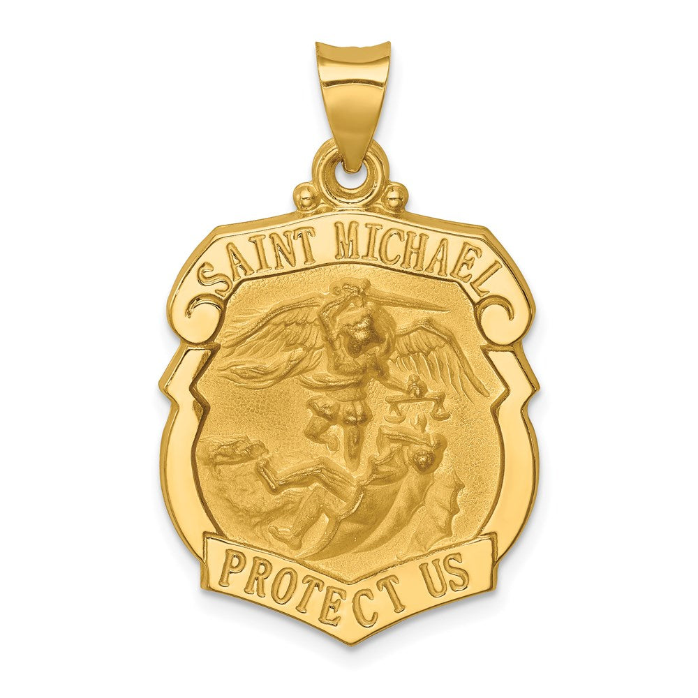 14k Polished and Satin Hollow Large St. Michael Medal Badge Pendant, 28 x 21 mm
