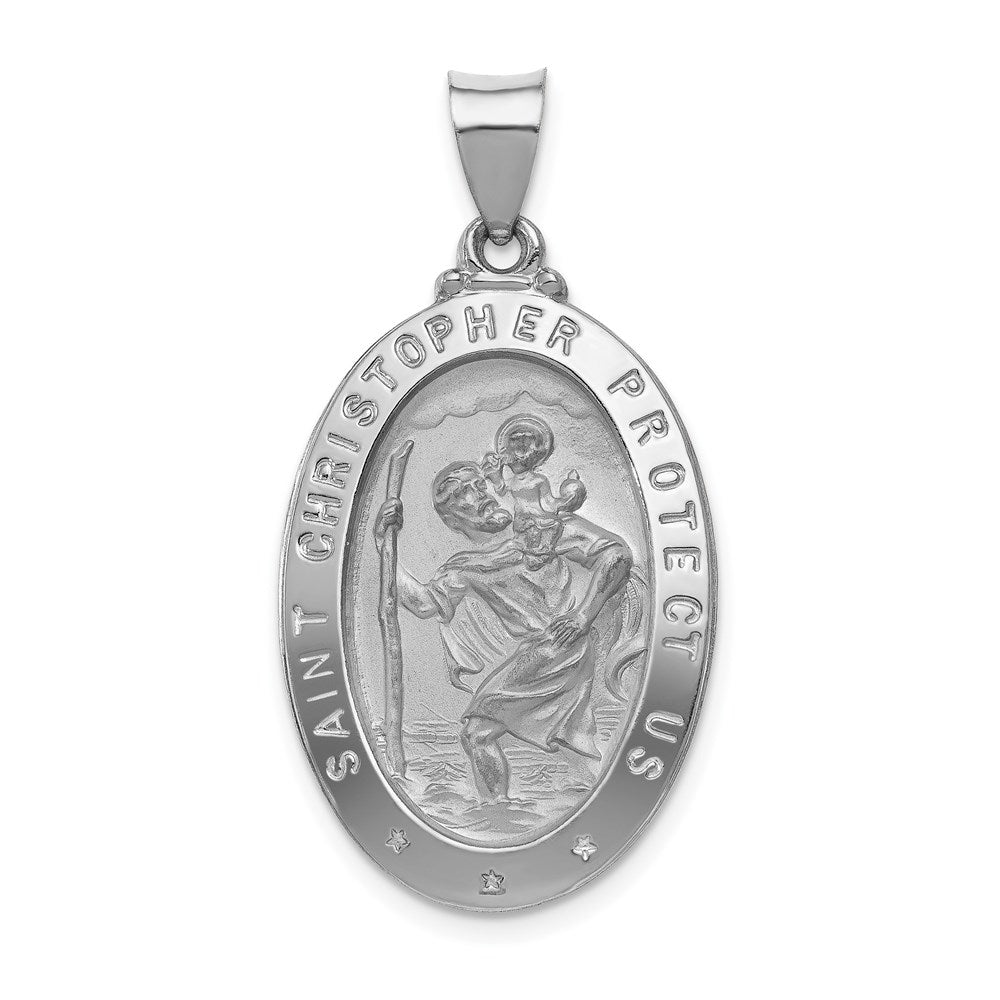 14k White Gold Polished and Satin Hollow St Christopher Medal Oval Pendant, 36 x 18.5 mm