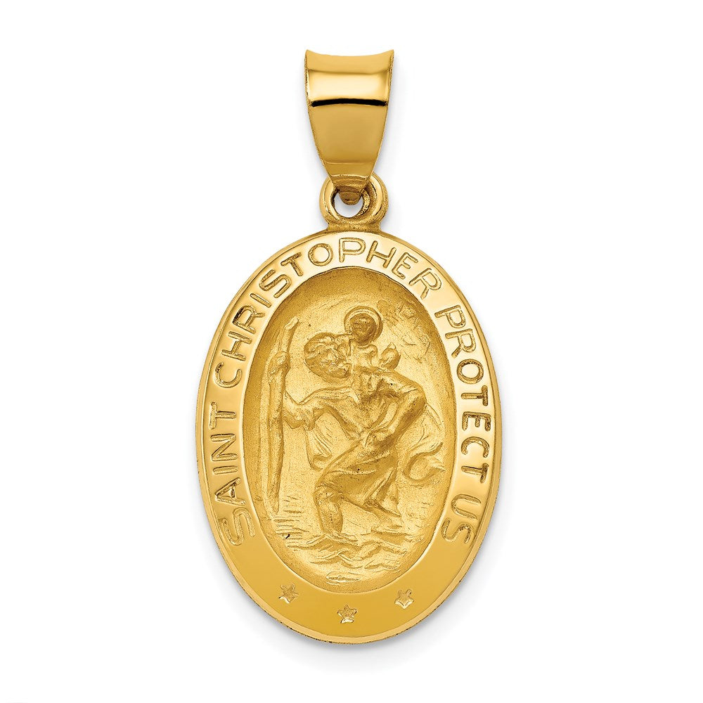 14k Polished and Satin Hollow St Christopher Medal Oval Pendant, 28.25 x 15 mm