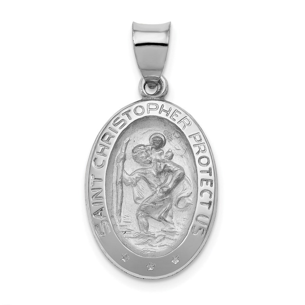 14k White Gold Polished and Satin Hollow St Christopher Medal Oval Pendant, 28.25 x 15 mm
