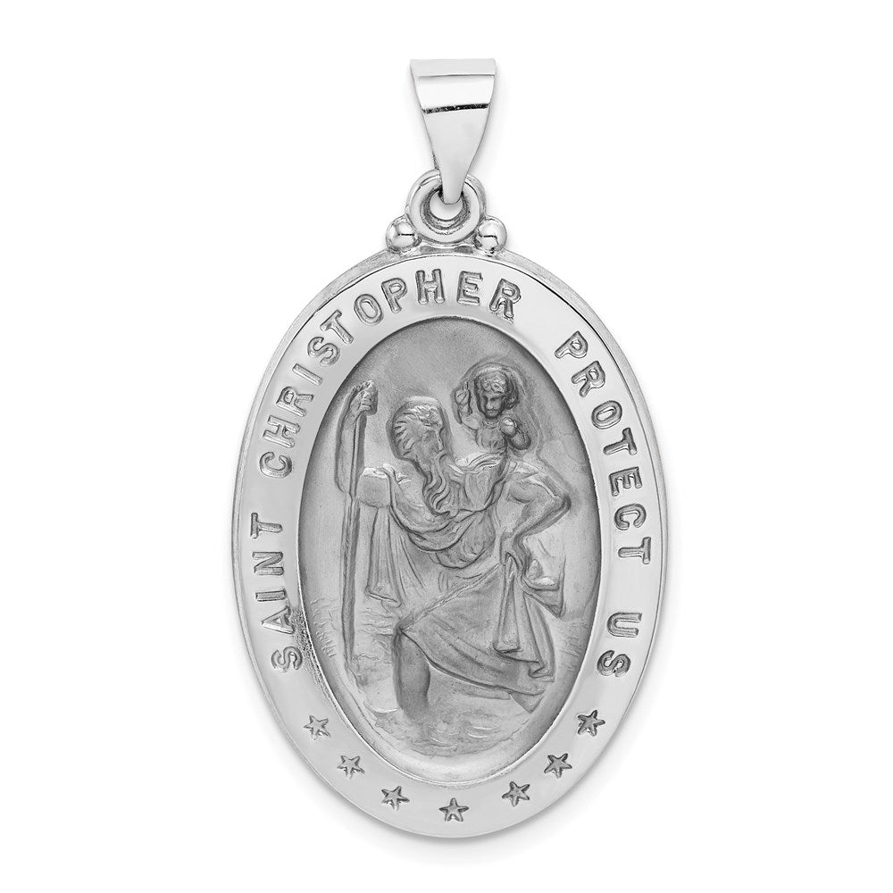 14k White Gold Polished and Satin Hollow Saint Christopher Medal Oval Pendant, 37 x 21 mm