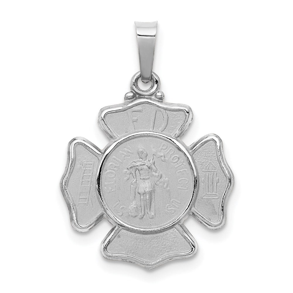 14k White Gold Polished and Satin Hollow St Florian Badge Medal Pendant, 24.4 x 17.15 mm