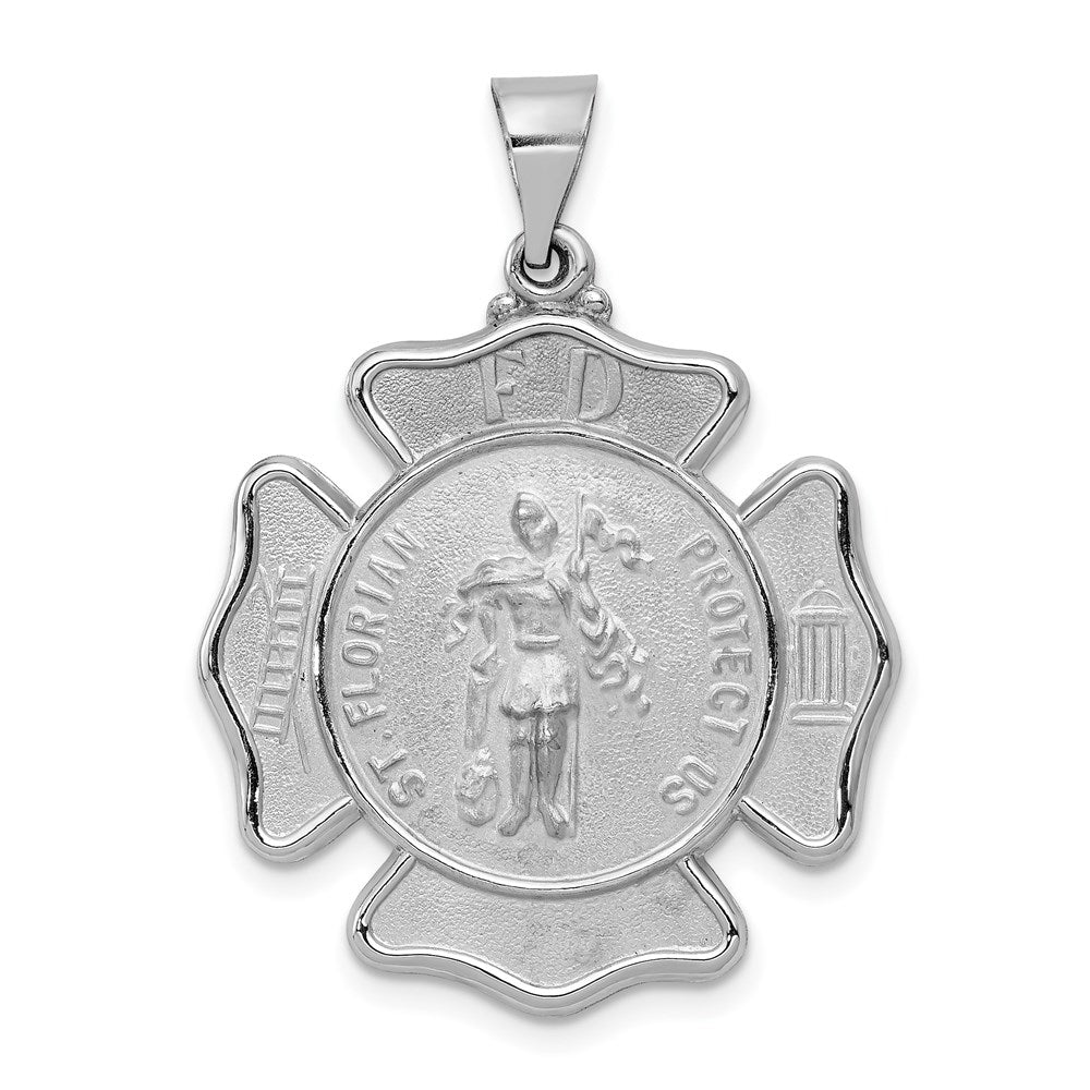 14k White Gold Polished and Satin Hollow St Florian Badge F.D. Medal Pendant, 34.5 x 25.75 mm
