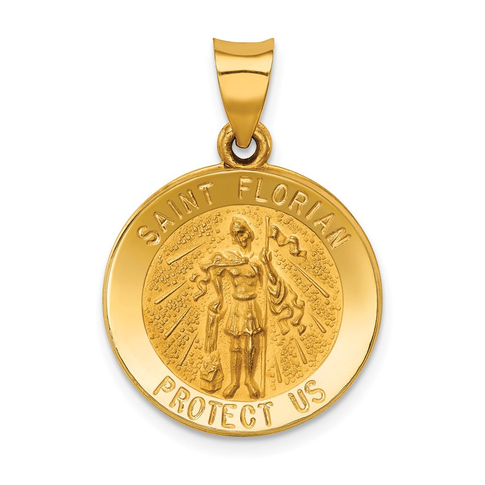 14k Polished and Satin Hollow St Florian Medal Round Pendant, 26.5 x 18.5 mm
