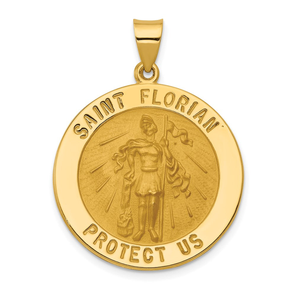 14k Polished and Satin Hollow Large St Florian Medal Round Pendant, 33 x 25 mm