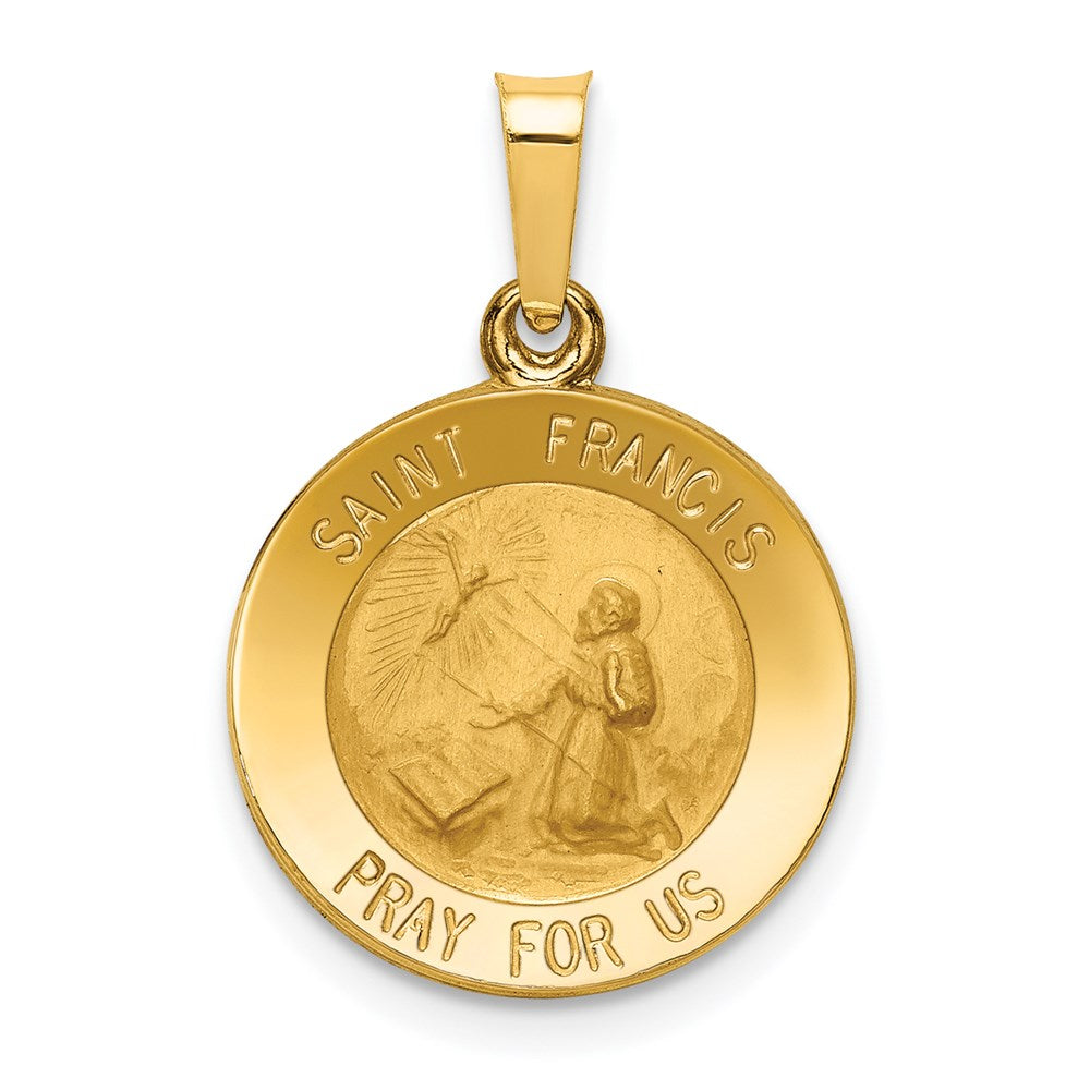 14k Polished and Satin Hollow St Francis Medal Round Pendant, 22.5 x 15.25 mm