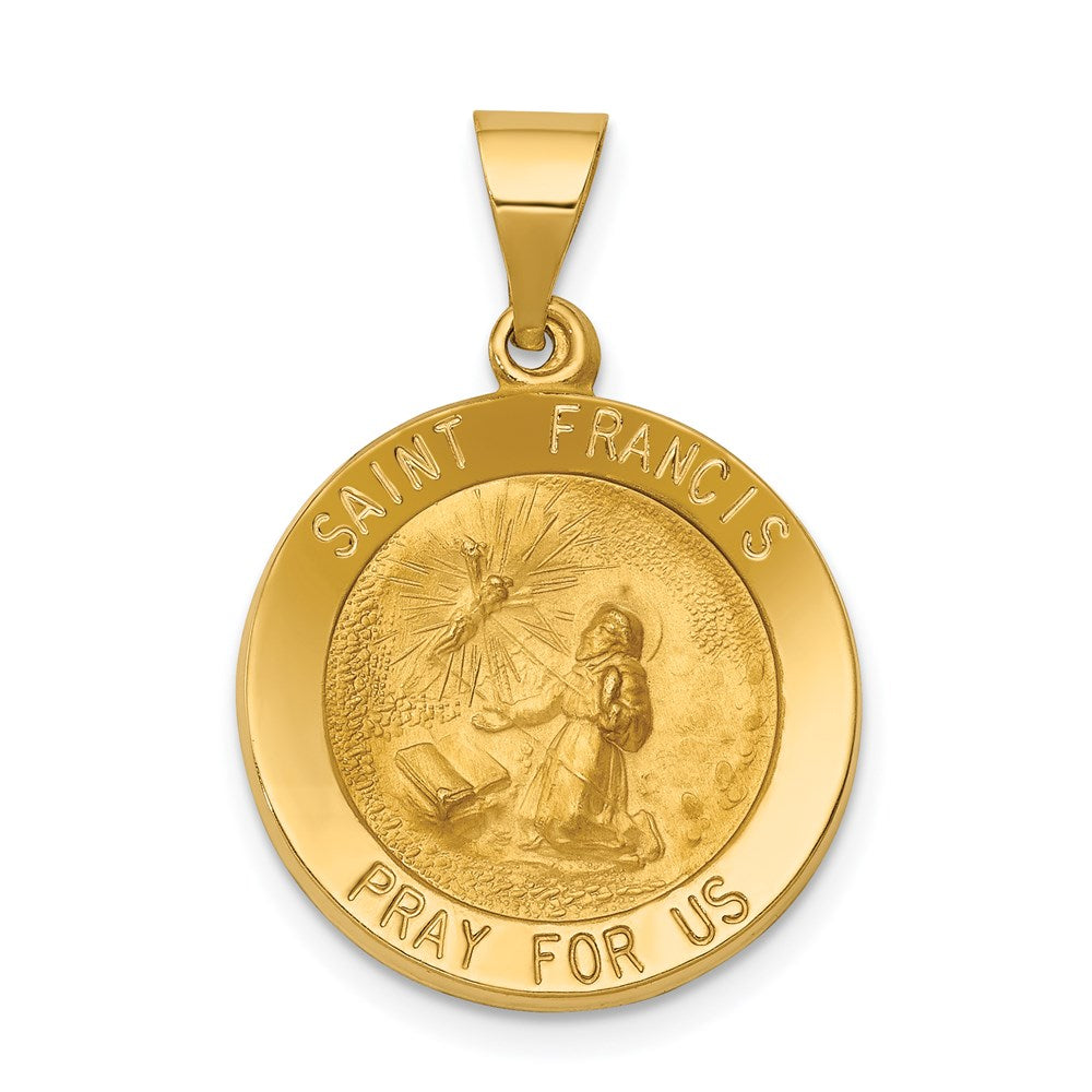 14k Polished and Satin Hollow St Francis Medal Round Pendant, 26.75 x 18.3 mm