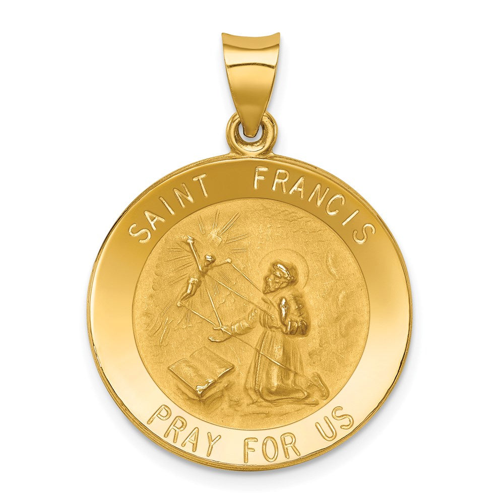 14k Polished and Satin Hollow St Francis Medal Round Pendant, 30.5 x 22.5 mm