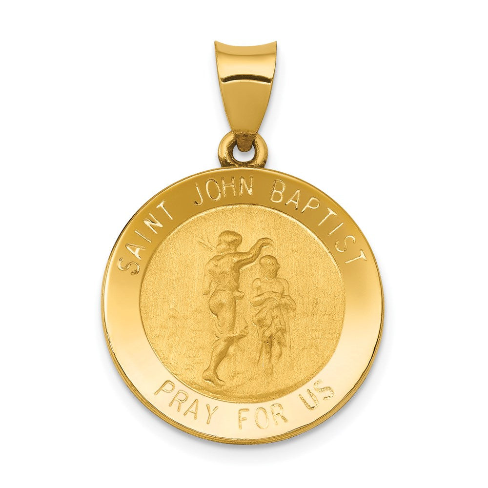 14k Polished and Satin Hollow St John the Baptist Medal Round Pendant, 27.5 x 19 mm