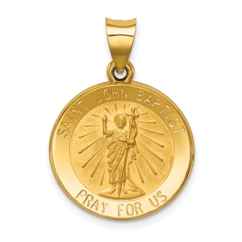 14k Polished and Satin Hollow St John the Baptist Medal Round Pendant, 27 x 19 mm