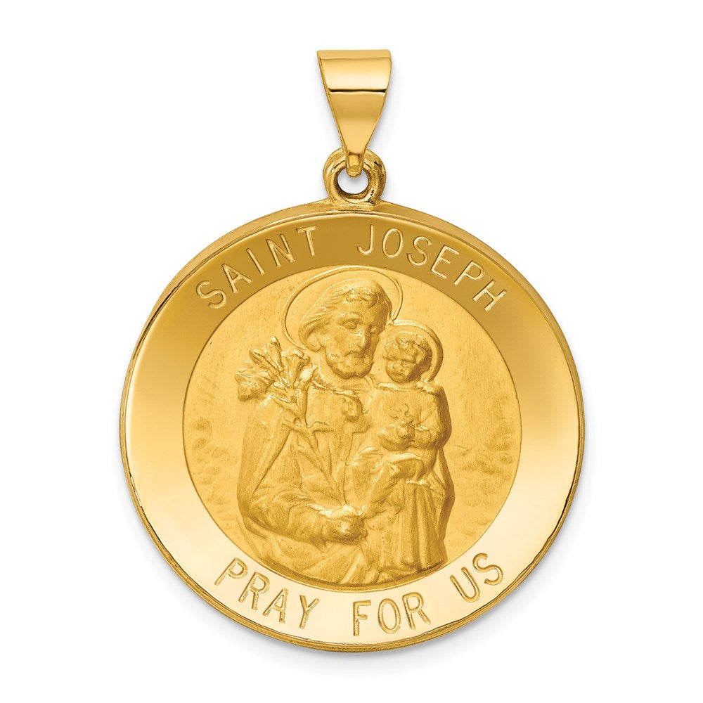 14k Polished and Satin Hollow Large St Joseph Medal Round Pendant, 33.7 x 26 mm