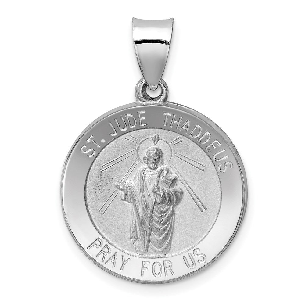 14K White Gold Polished and Satin Hollow St Jude Thaddeus Medal Round Pendant, 27 x 19 mm