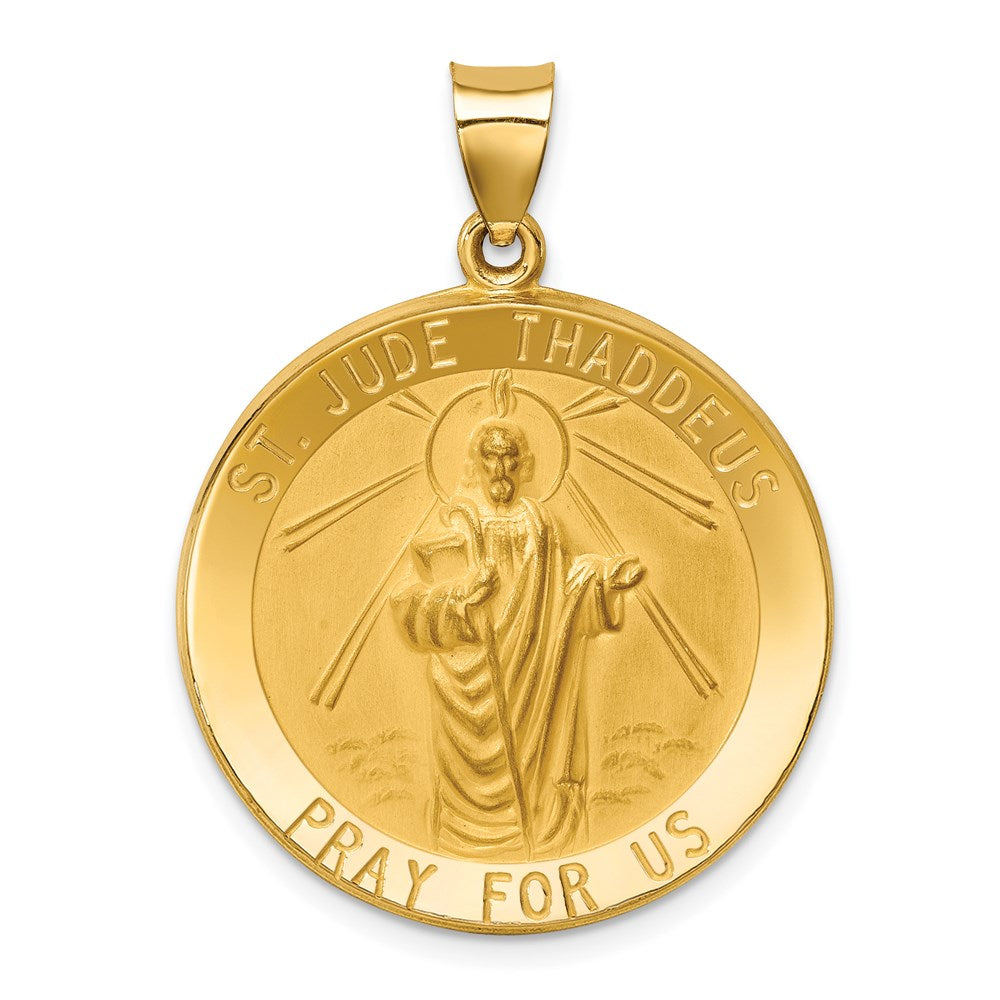 14k Polished and Satin Large Hollow St. Jude Thaddeus Medal Round Pendant, 34 x 25.5 mm