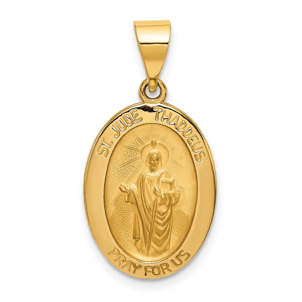 14k Polished and Satin Hollow St Jude Thaddeus Medal Oval Pendant, 26.5 x 13.7 mm
