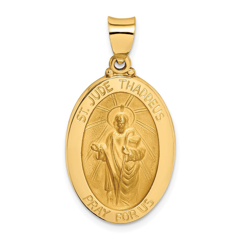 14k Polished and Satin Hollow St Jude Thaddeus Medal Oval Pendant, 31.5 x 16.5 mm
