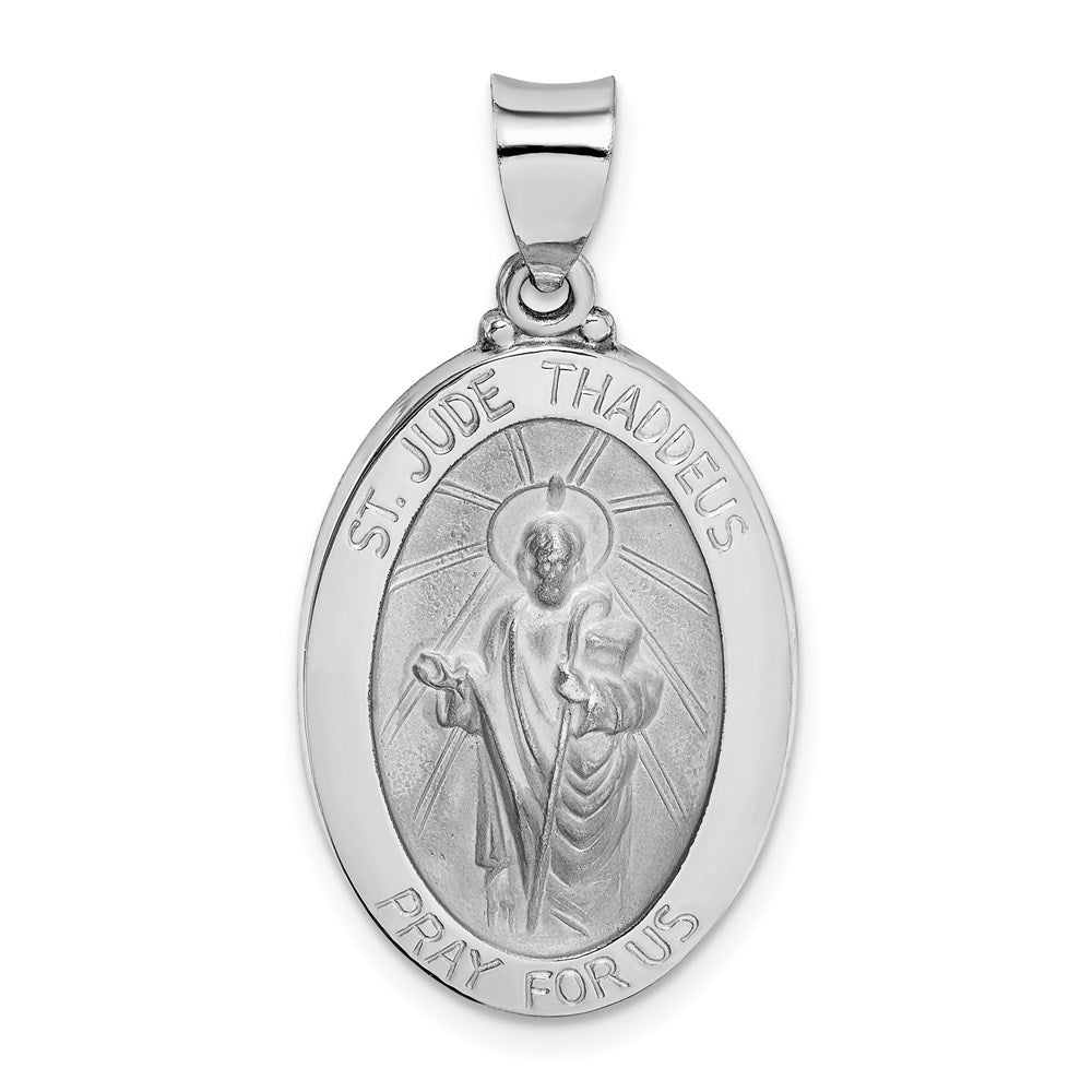 14K White Gold Polished and Satin Hollow St Jude Thaddeus Medal Oval Pendant, 31.5 x 16.5 mm