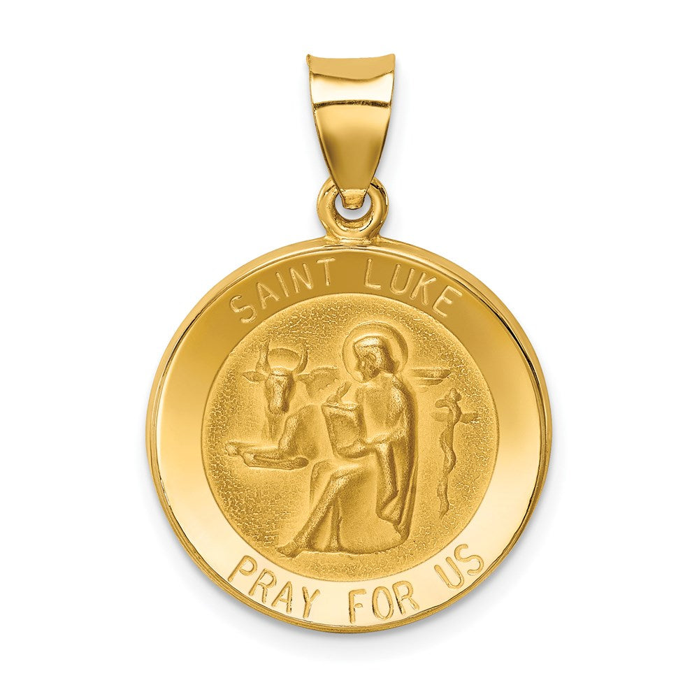 14k Polished and Satin Hollow St Luke Medal Round Pendant, 27 x 19 mm