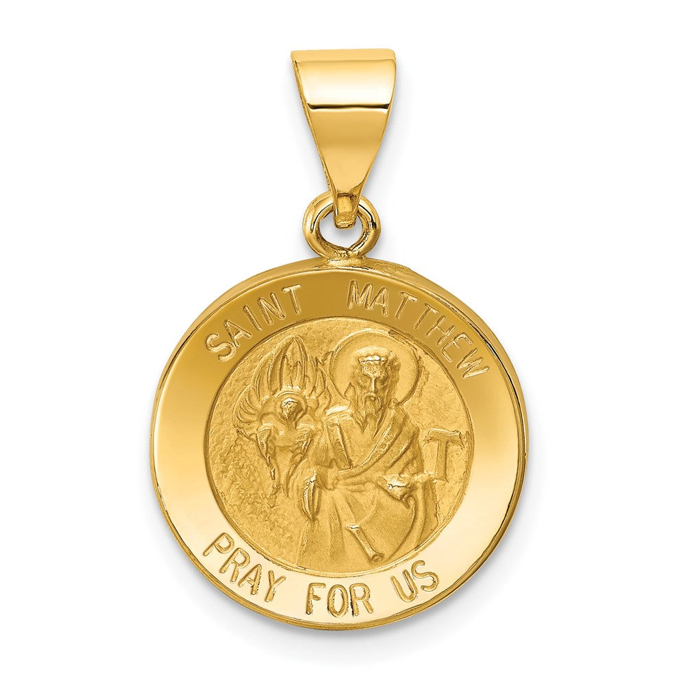 14k Polished and Satin Hollow St Matthew Medal Round Pendant, 17 x 15 mm