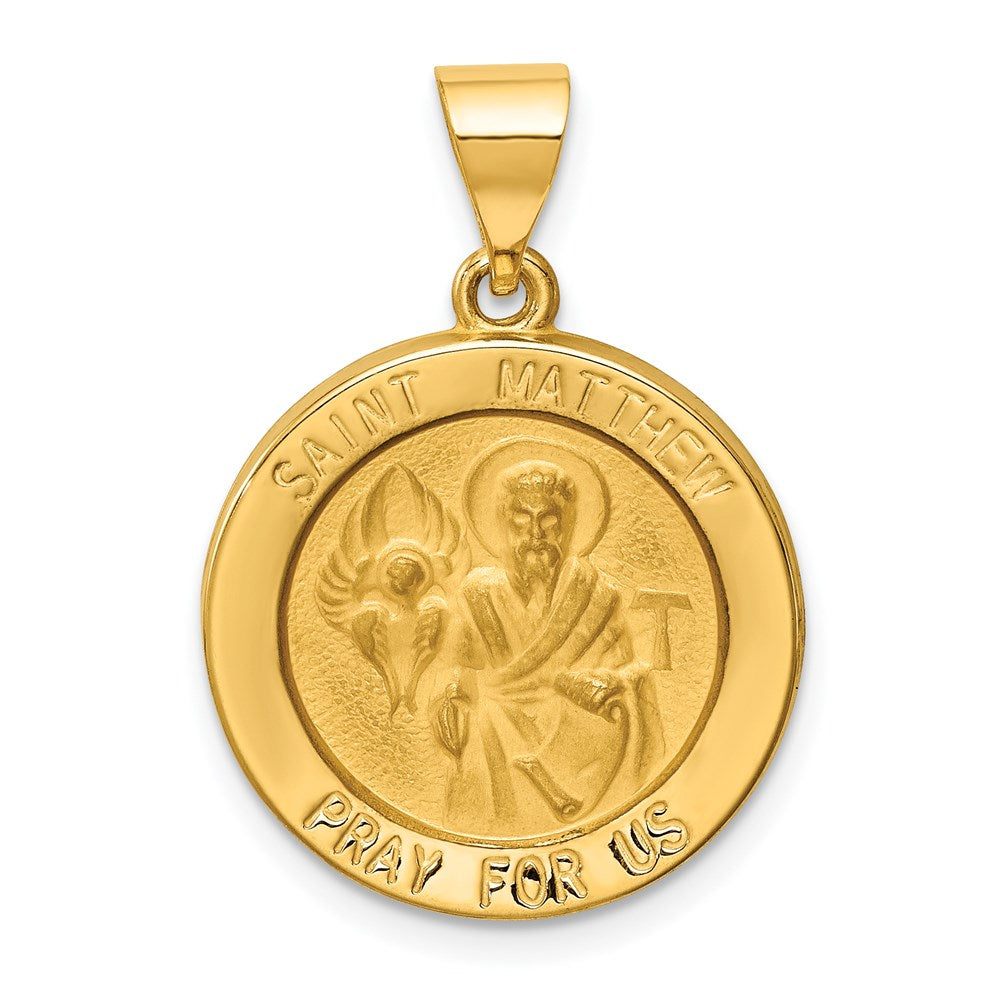 14k Polished and Satin Hollow St Matthew Medal Round Pendant, 22 x 19 mm