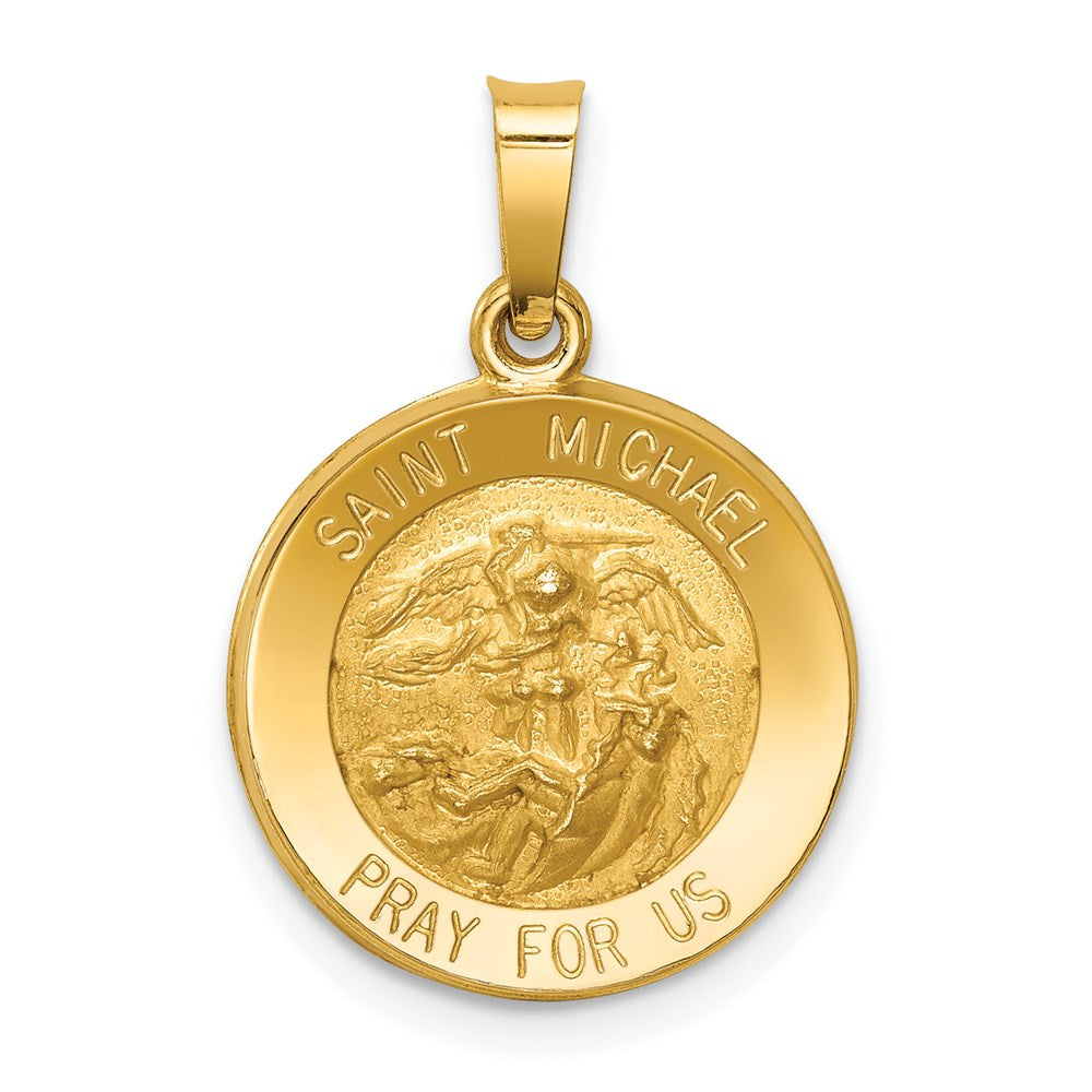 14k Polished and Satin Hollow St. Michael Medal Round Pendant, 17 x 15 mm