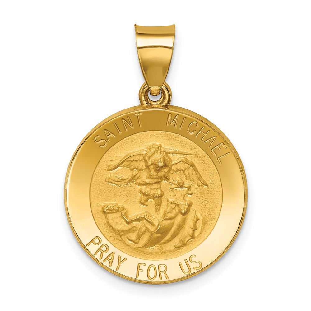14k Polished and Satin Hollow St. Michael Medal Round Pendant, 21 x 18 mm
