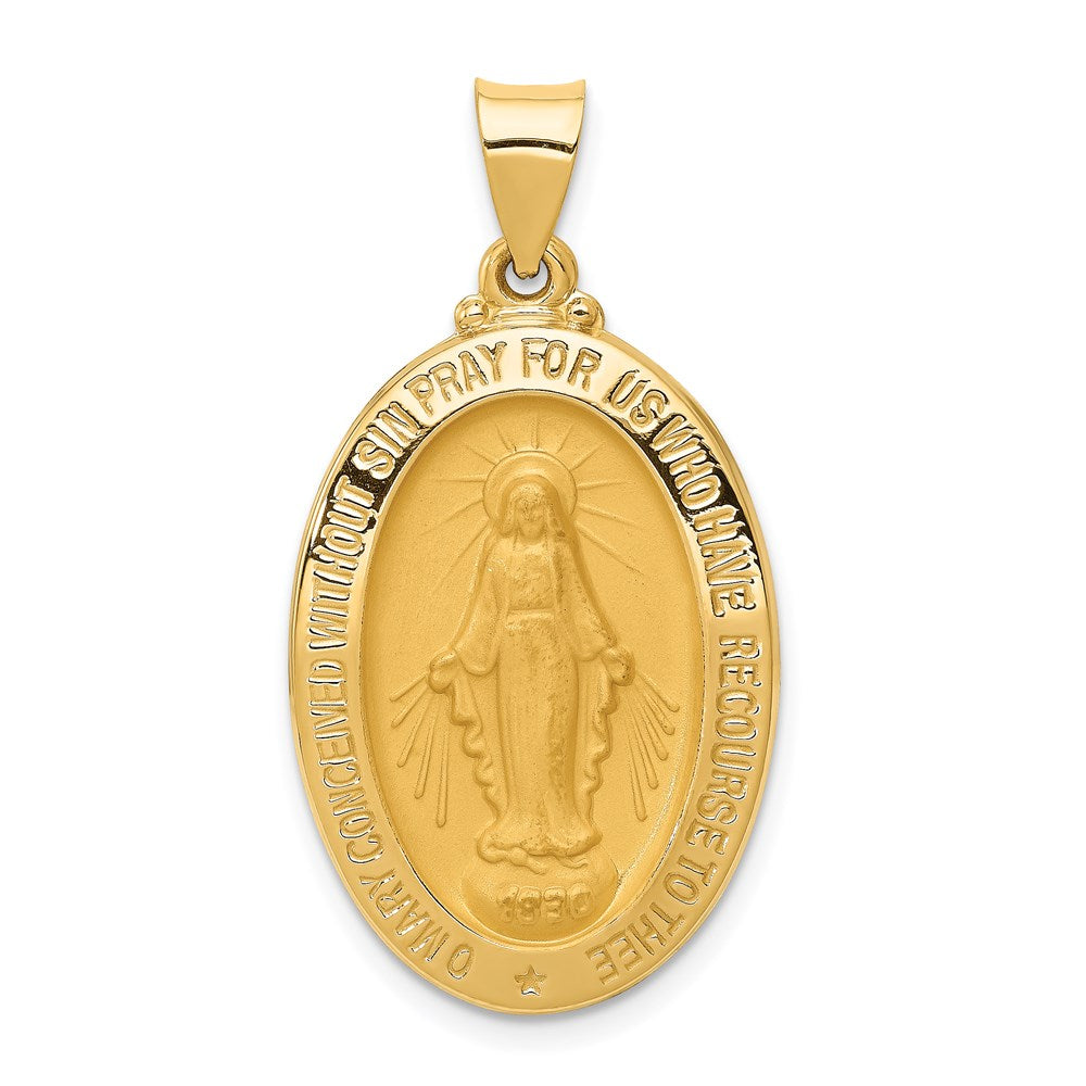 14k Polished and Satin Hollow Miraculous Medal Oval Pendant, 34.5 x 18 mm