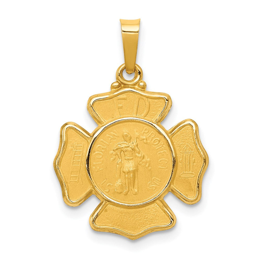 14k Polished and Satin Hollow St Florian F.D. Badge Medal Pendant, 24.4 x 17.15 mm