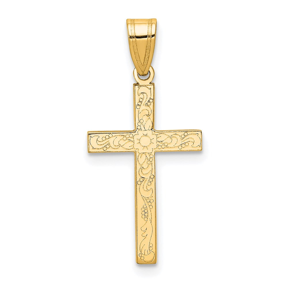 14k Etched Floral Cross Pendant, 25 x 12 mm