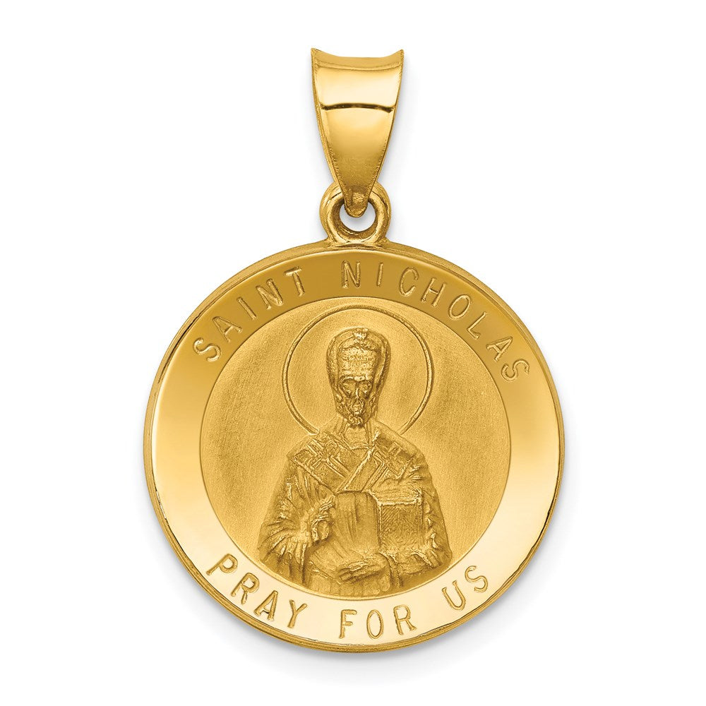 14k Polished and Satin Hollow St Nicholas Medal Round Pendant, 21 x 19 mm