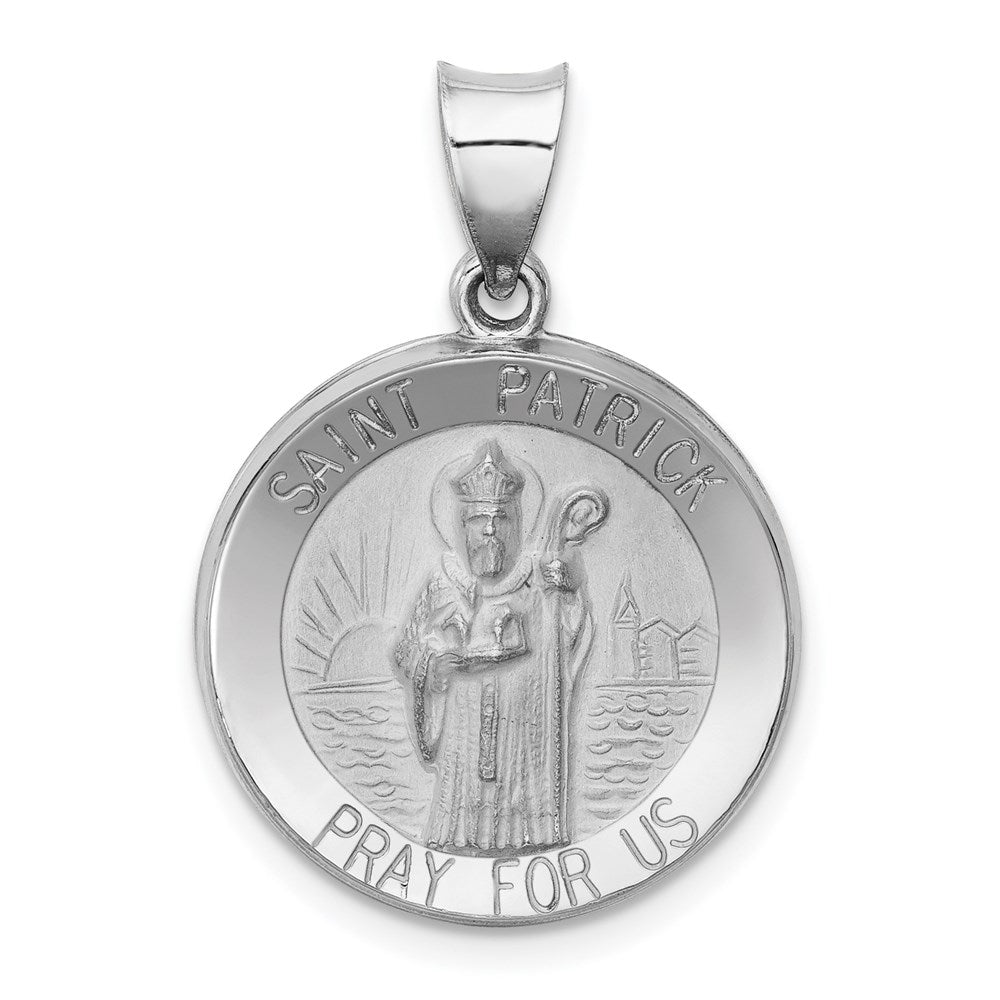 14k White Gold Polished and Satin Hollow St Patrick Medal Round Pendant, 22 x 19 mm