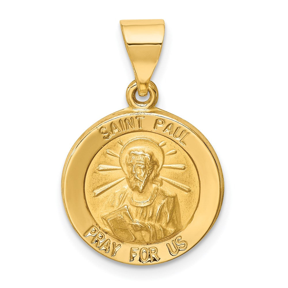 14k Polished and Satin Hollow St Paul Medal Round Pendant, 18 x 15 mm