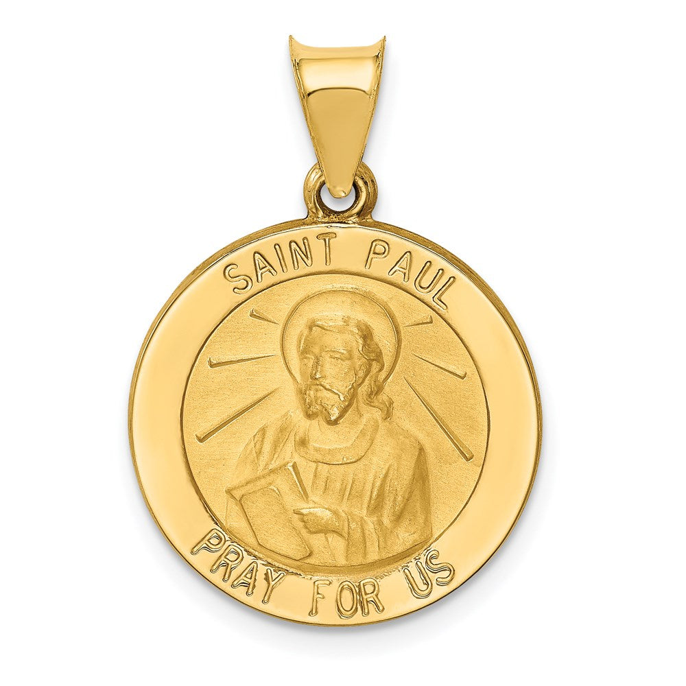 14k Polished and Satin Hollow St Paul Medal Round Pendant, 21 x 19 mm
