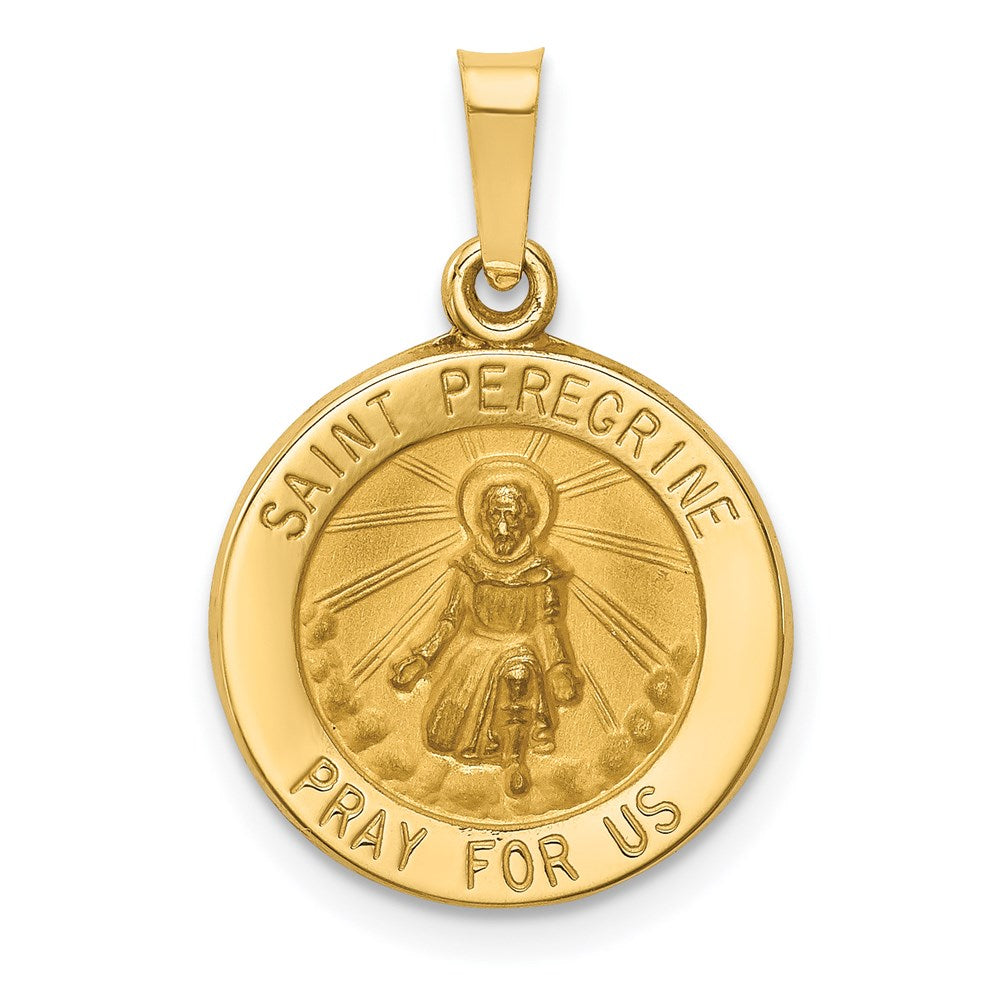 14k Polished and Satin Hollow St Peregrine Medal Round Pendant, 18 x 15 mm