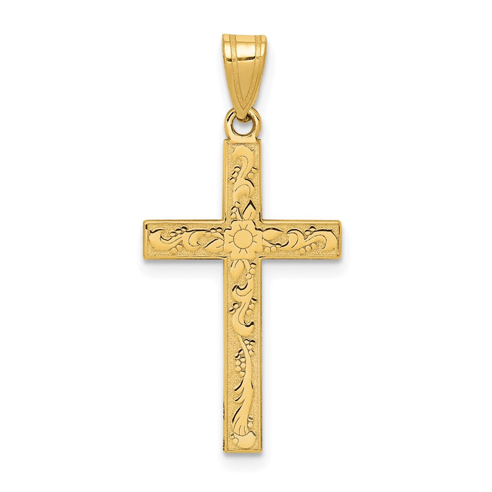 14k Etched Floral Cross Pendant, 28 x 15 mm