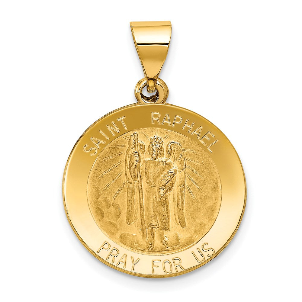 14k Polished and Satin Hollow St Raphael Medal Round Pendant, 22 x 20 mm